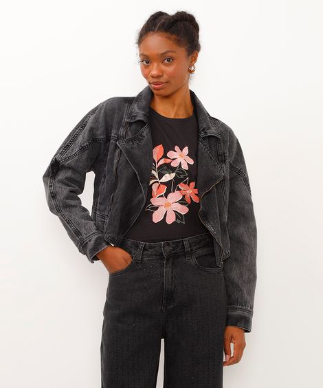 camiseta de algodão manga curta floral preto
