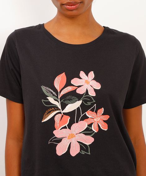 camiseta de algodão manga curta floral preto