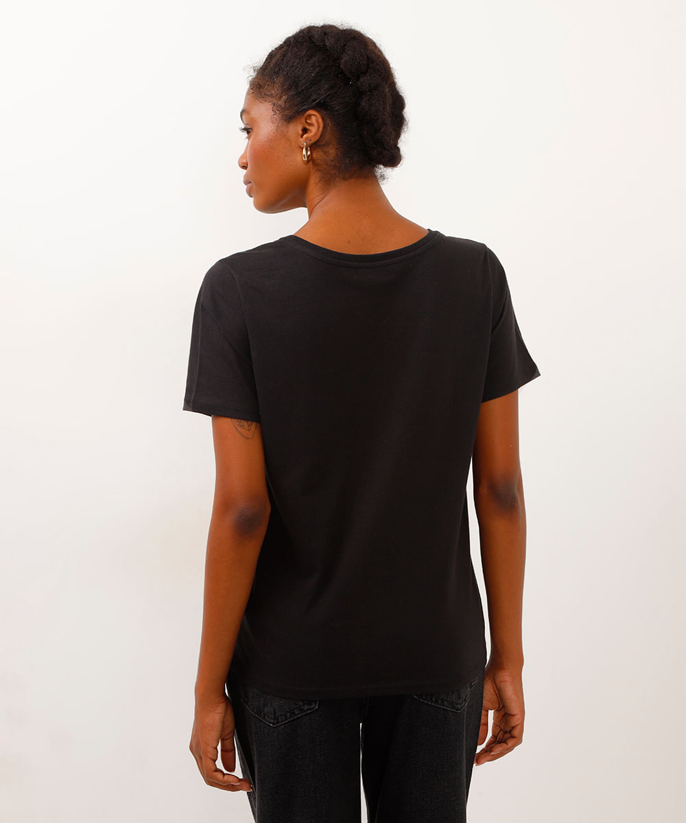 camiseta de algodão manga curta floral preto