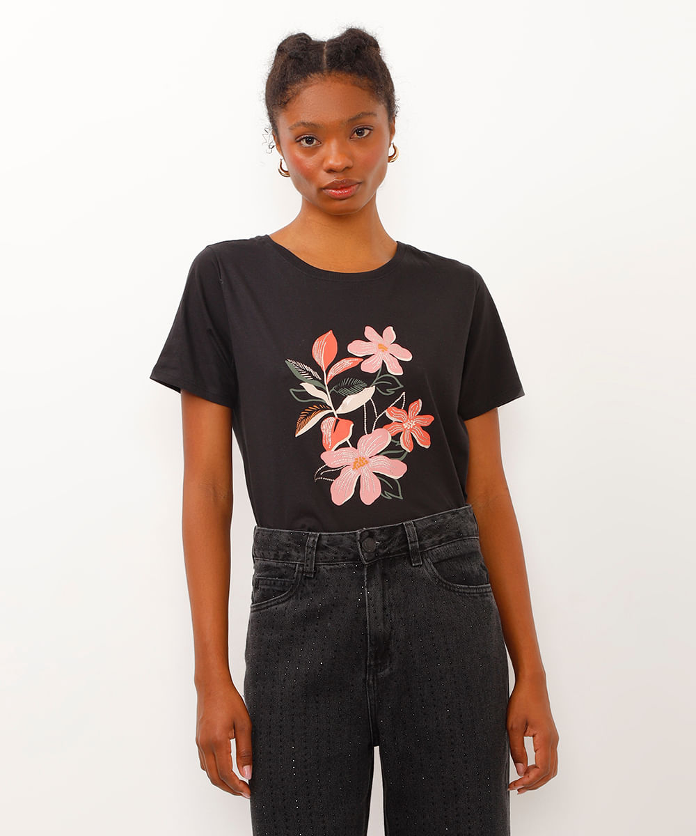 camiseta de algodão manga curta floral preto