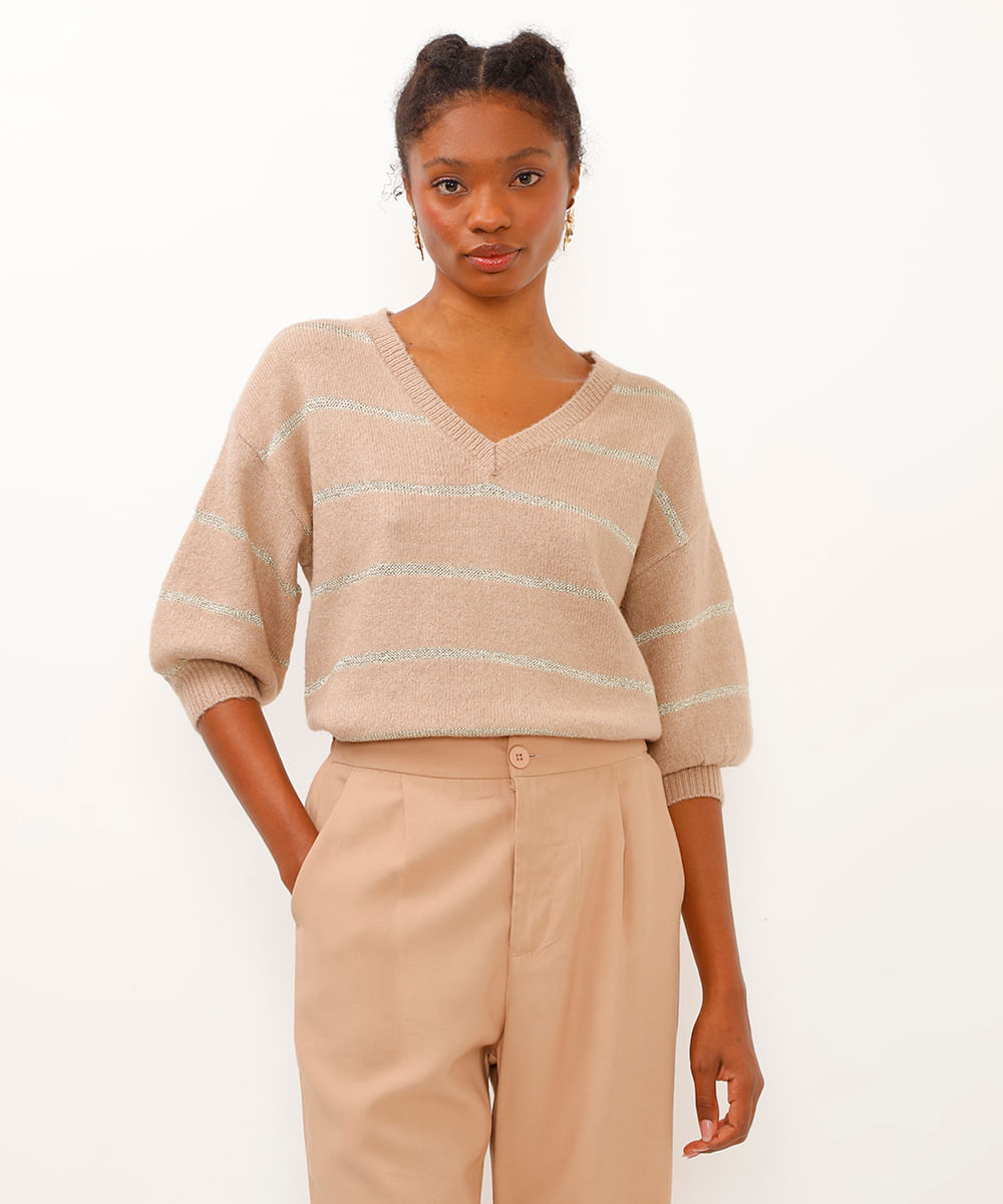 suéter de tricot manga bufante listrado com lurex bege