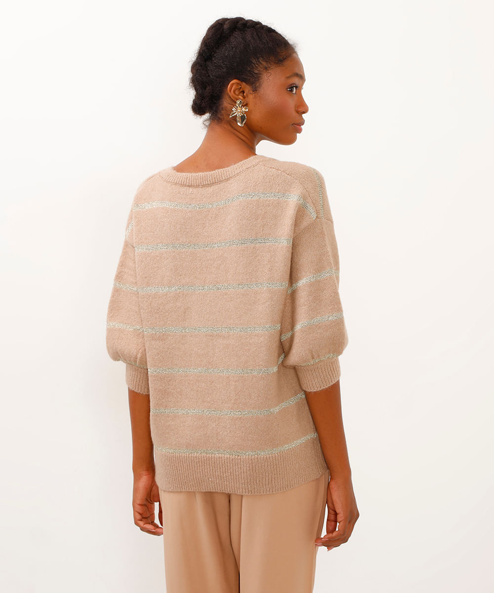 suéter de tricot manga bufante listrado com lurex bege