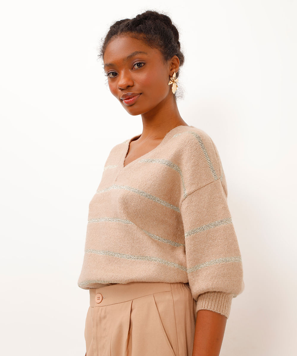 suéter de tricot manga bufante listrado com lurex bege