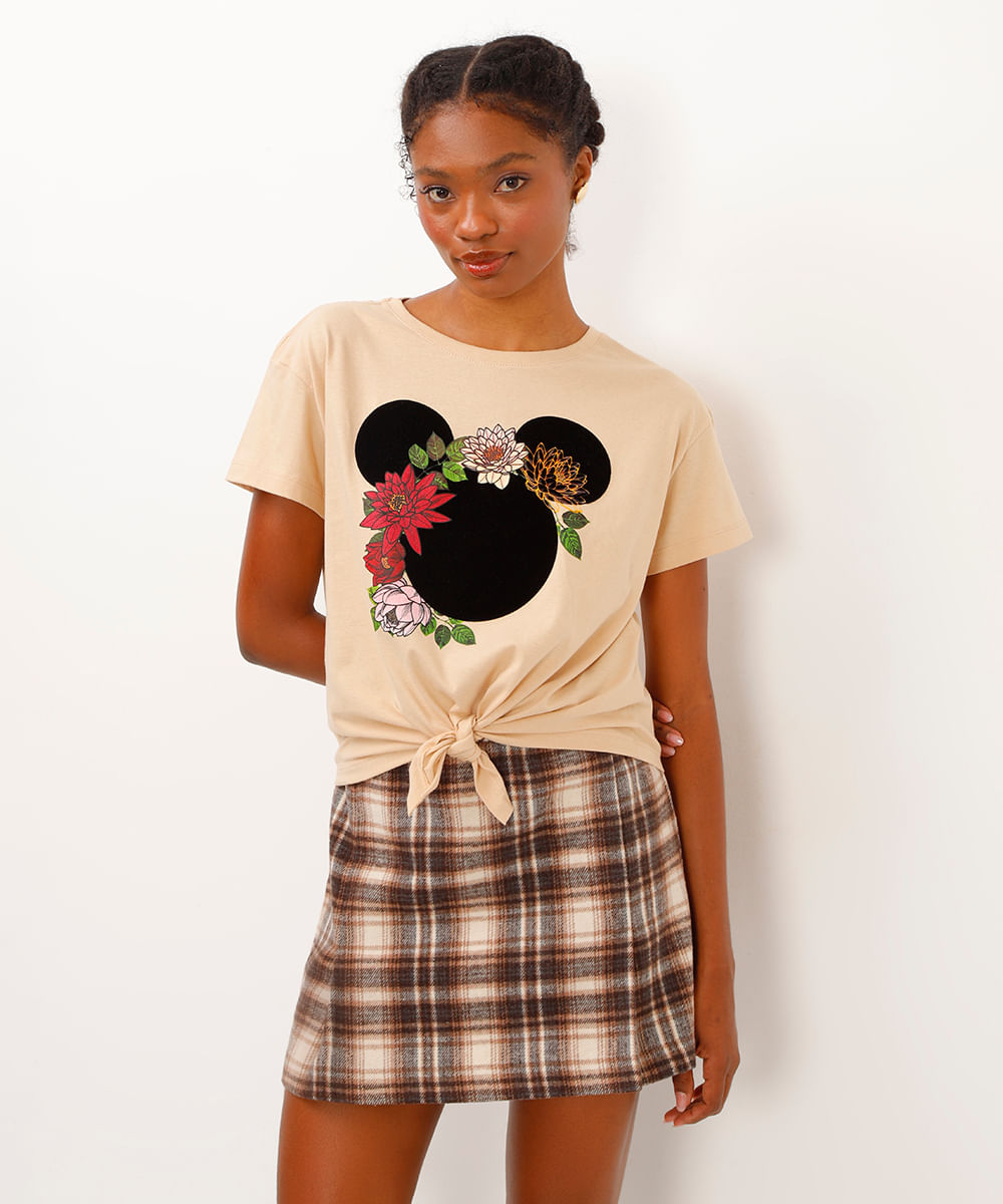 camiseta de algodão com amaração mickey bege