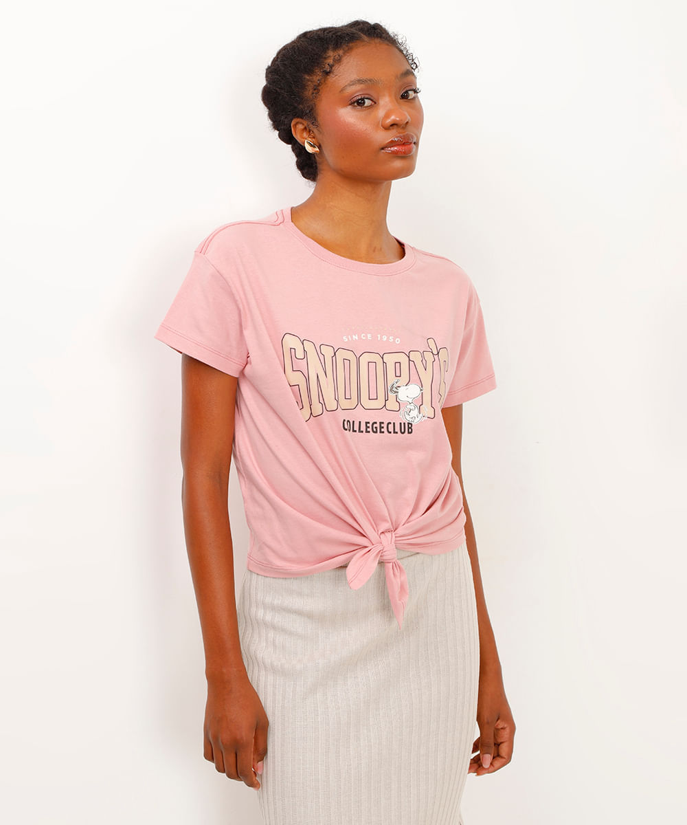 camiseta de algodão com amarração snoopy rosa