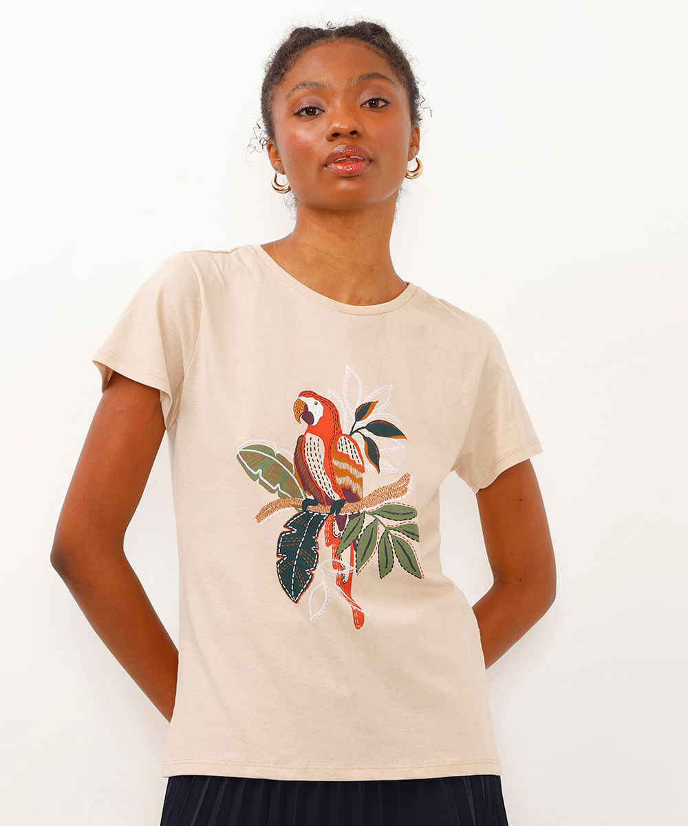 camiseta de algodão manga curta arara bege