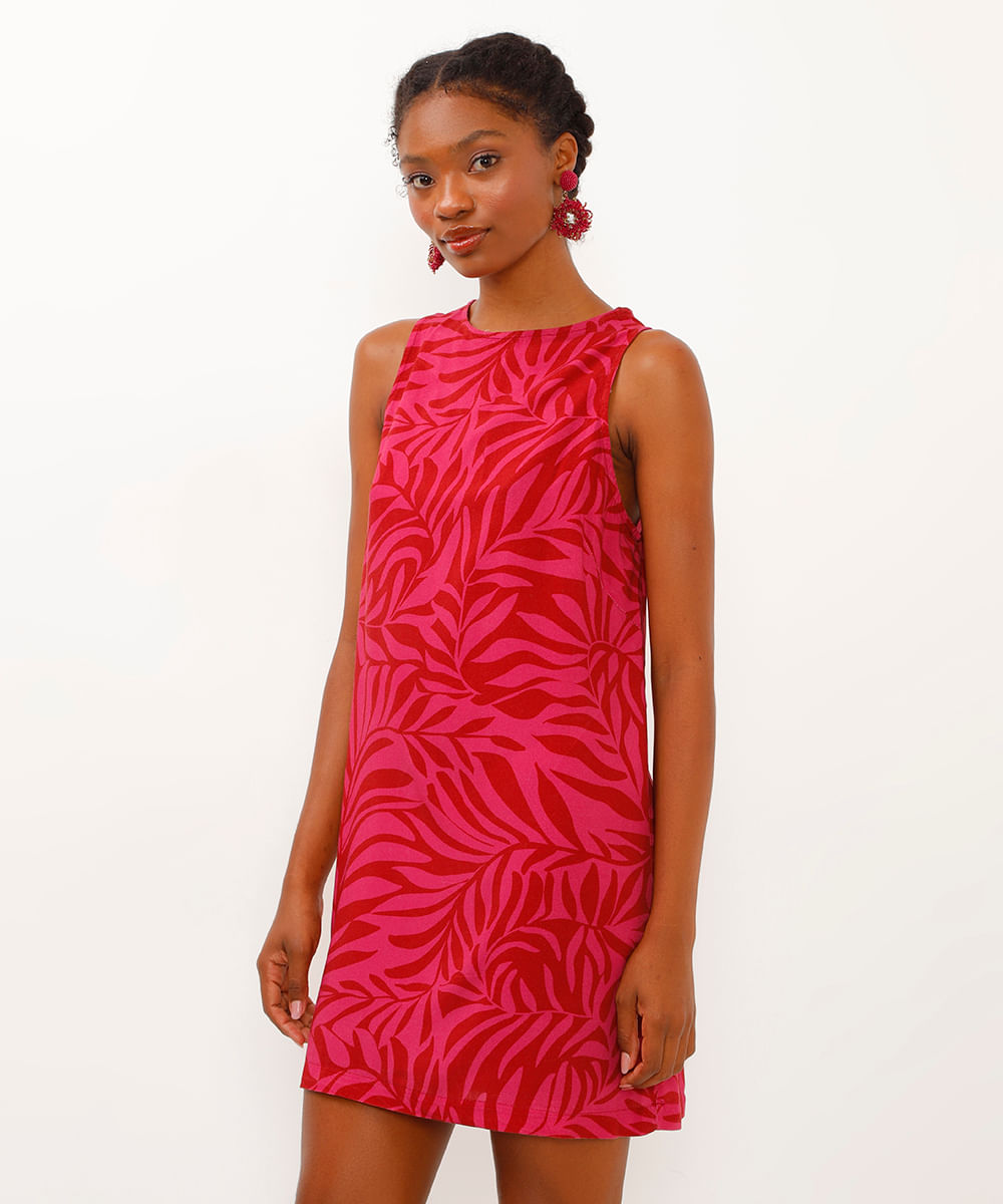 vestido de viscose curto folhagem rosa