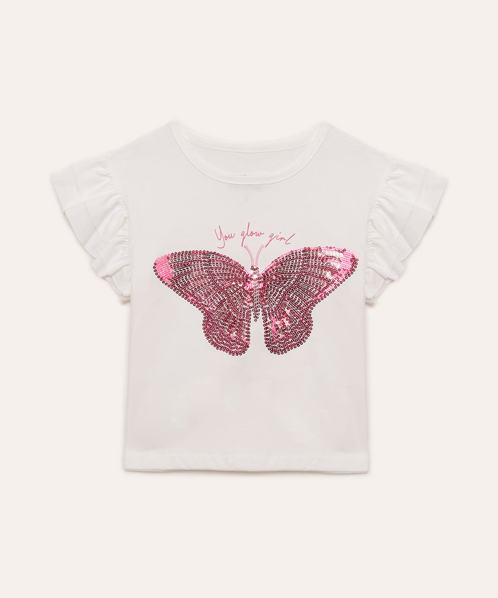 blusa de algodão infantil borboleta de paetê off white