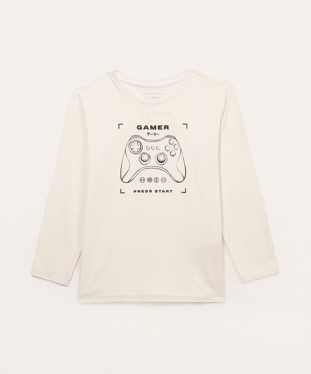 camiseta de algodão infantil gamer branca