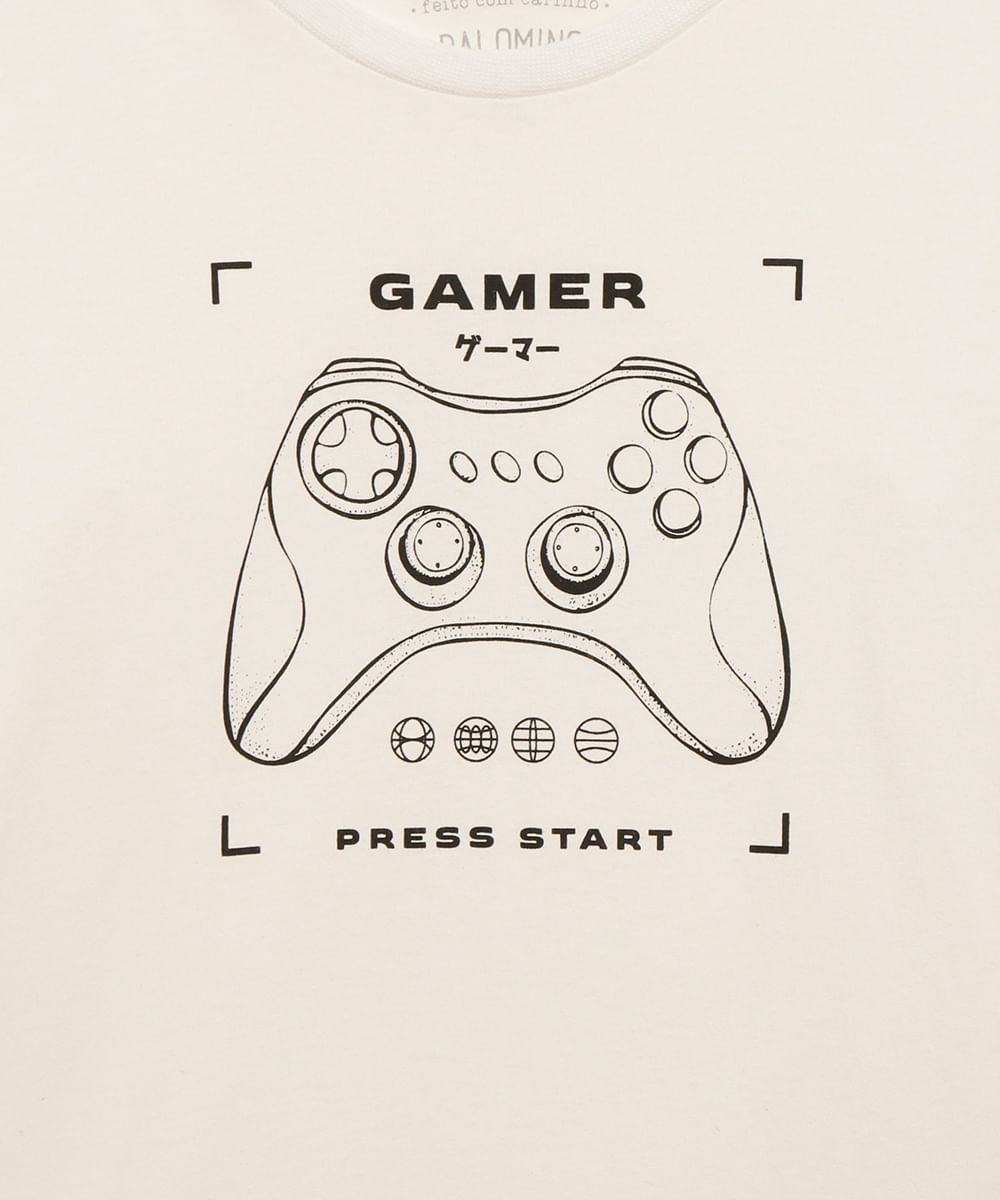 camiseta de algodão infantil gamer branca