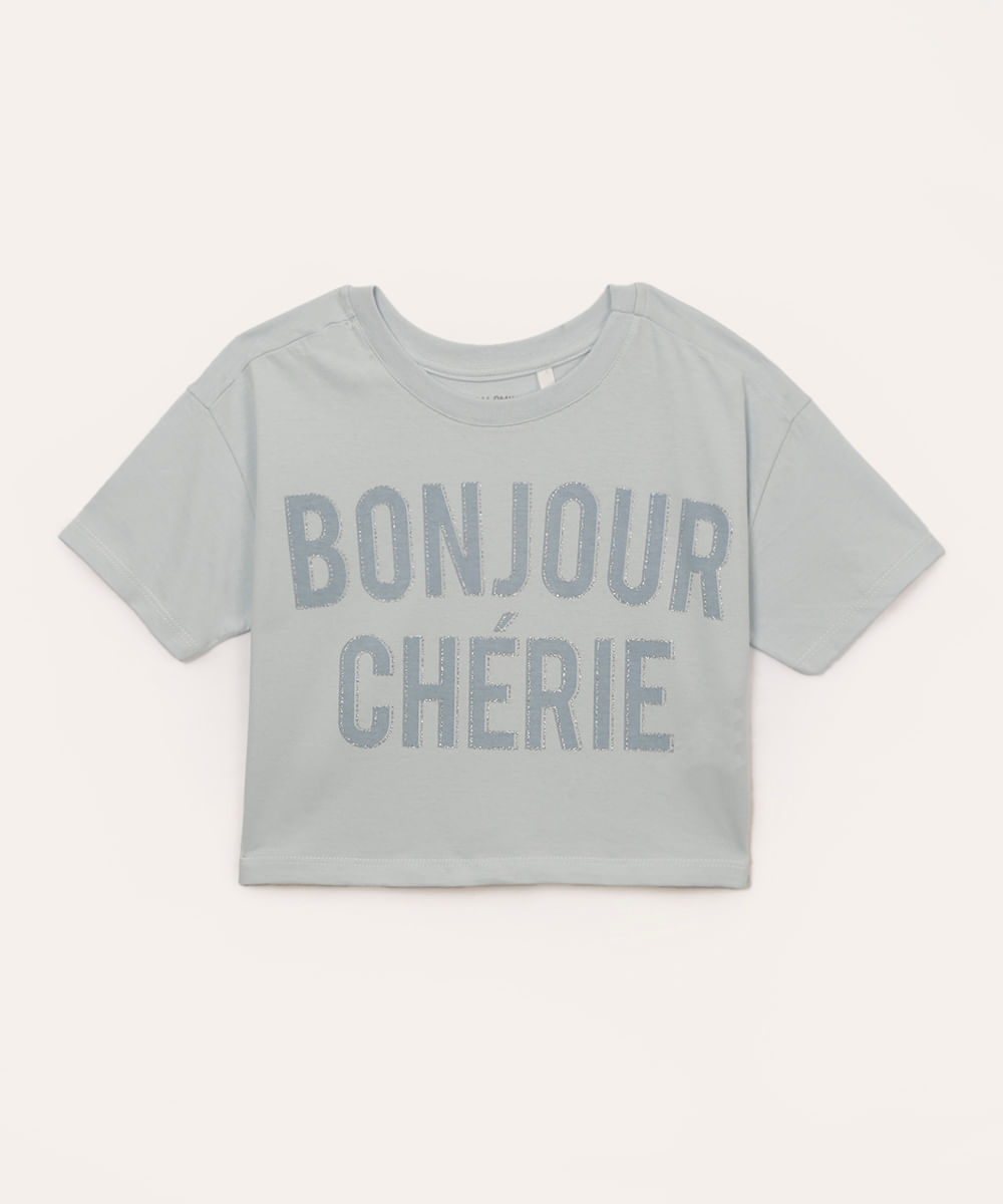 camiseta de algodão infantil bonjour azul claro