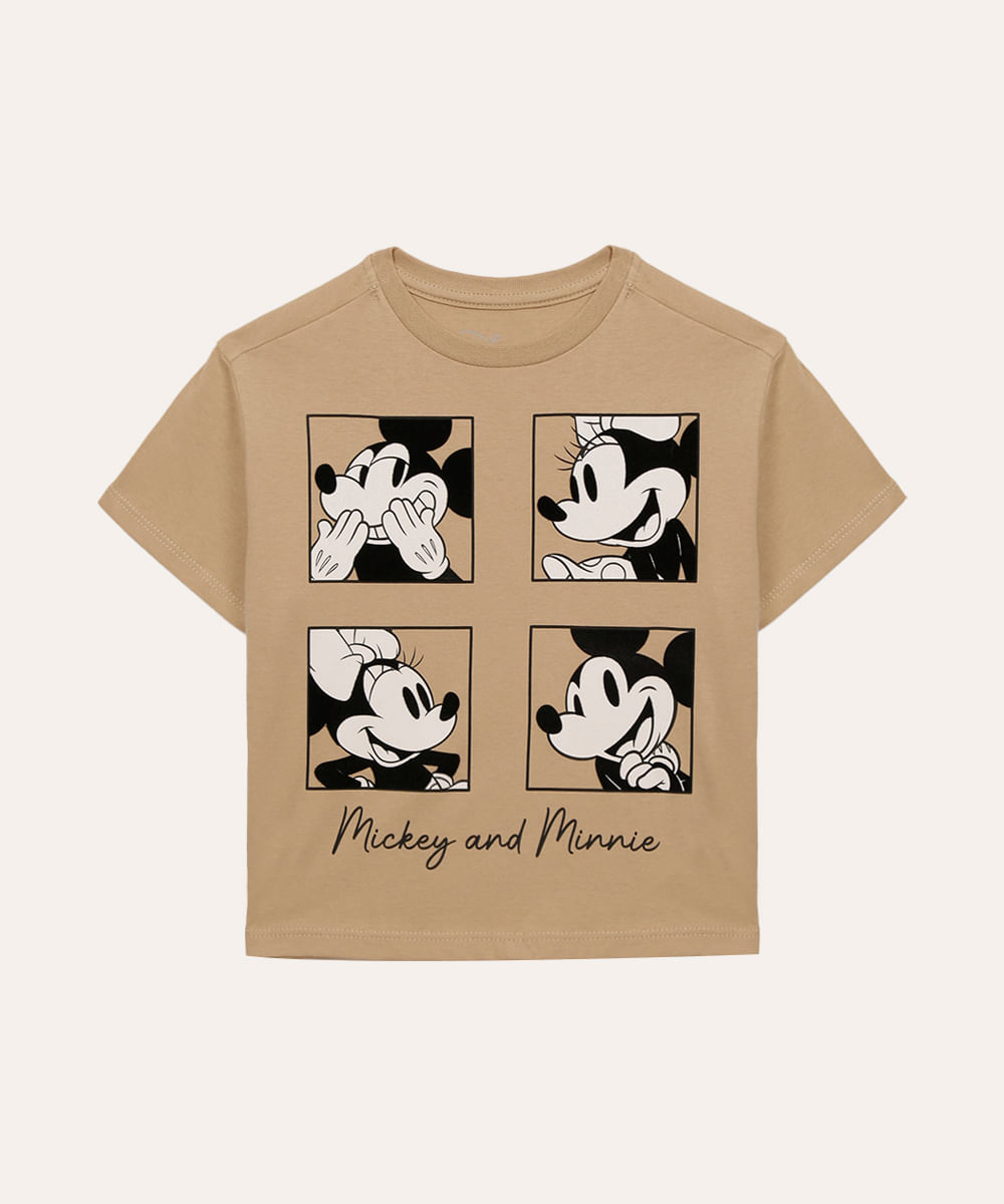 camiseta de algodão infantil mickey e minnie bege