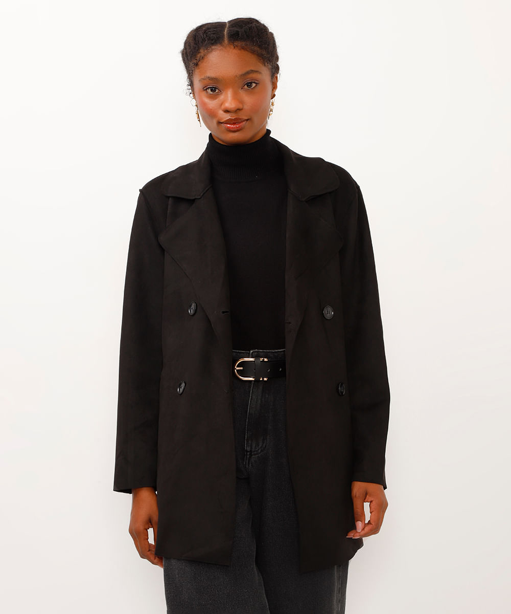 casaco trench coat de suede com faixa preto