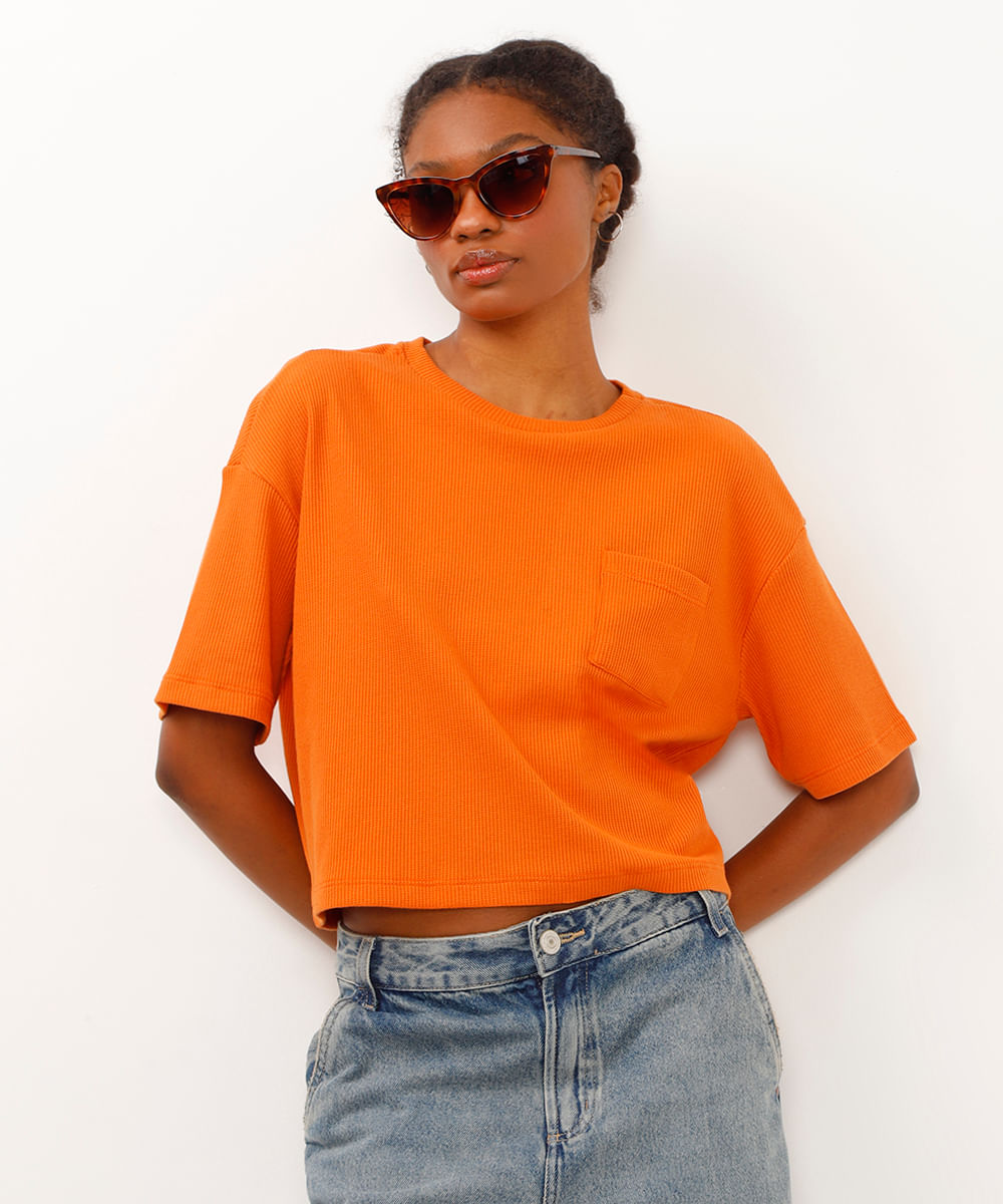 camiseta de algodão cropped texturizada laranja