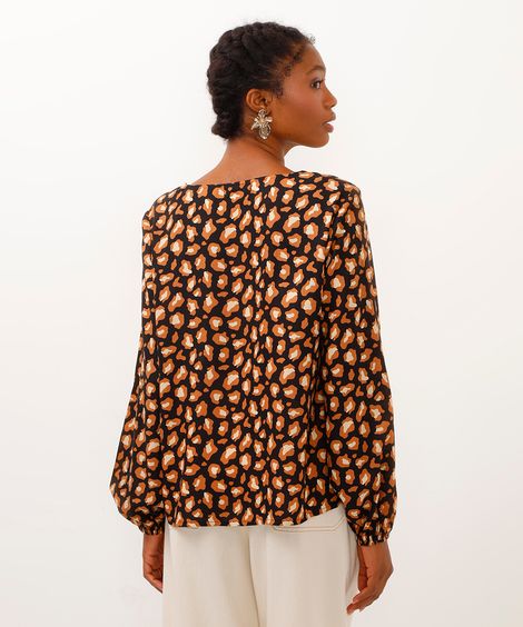 blusa bata de viscose manga longa animal print preto