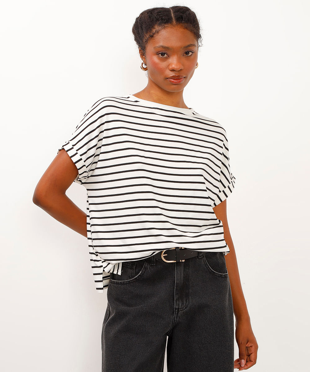 blusa de viscose manga curta listrada off white
