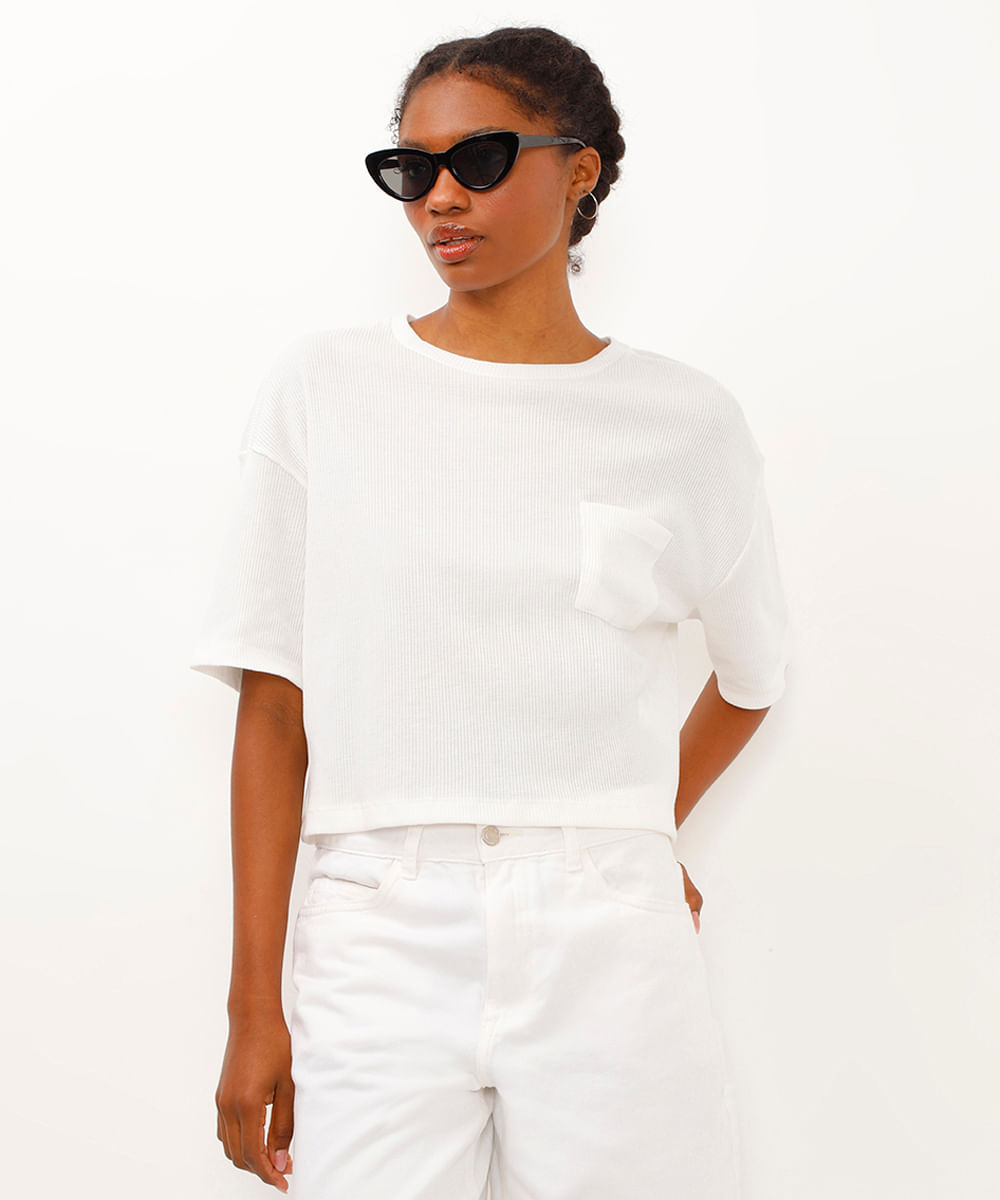 camiseta de algodão cropped texturizada off white