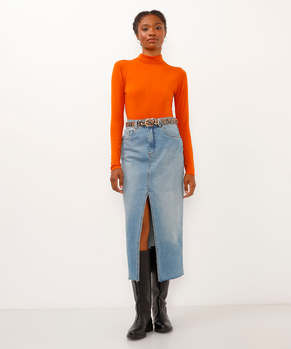 blusa básica manga longa gola alta laranja