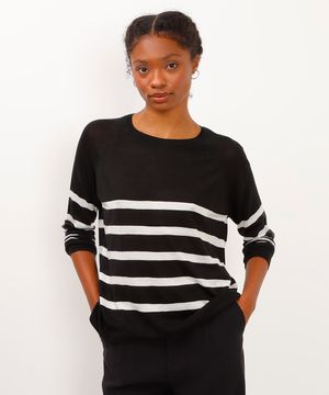 blusa de tricot listrada manga longa preta