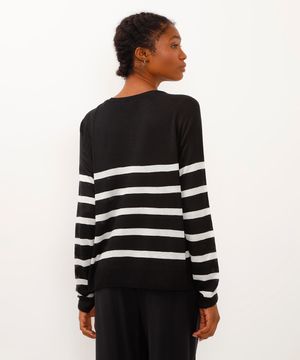 blusa de tricot listrada manga longa preta