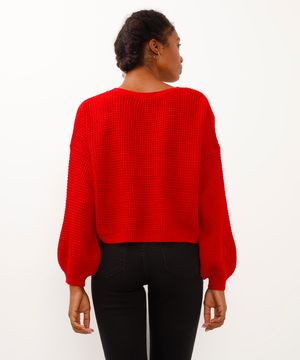 suéter de tricot decote v vermelho