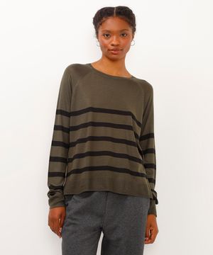blusa de tricot listrada manga longa verde militar