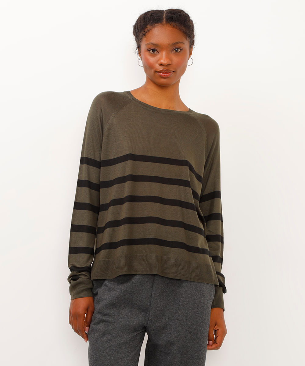 blusa de tricot listrada manga longa verde militar