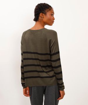 blusa de tricot listrada manga longa verde militar