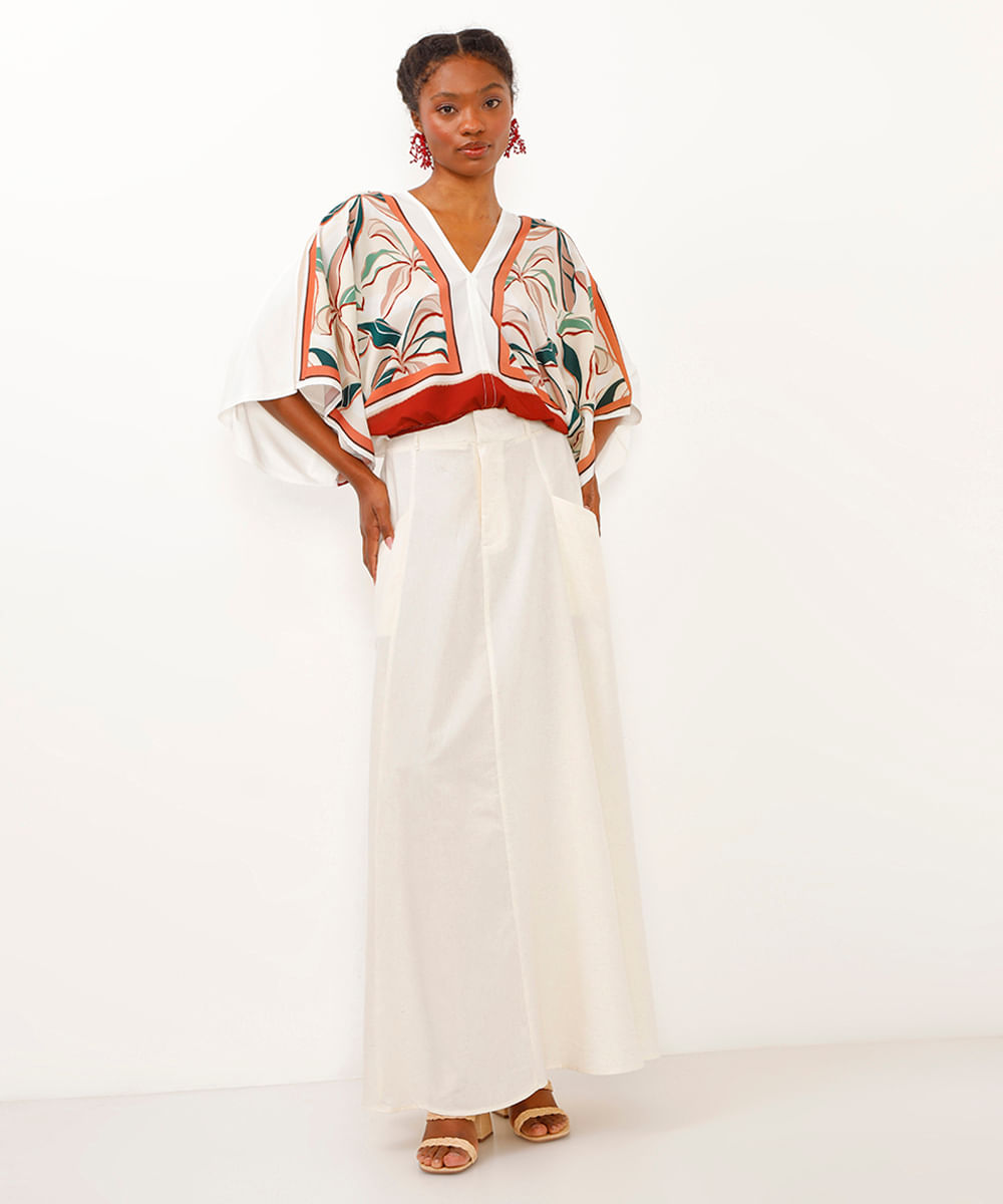 blusa bata de viscose manga ampla folhagem off white