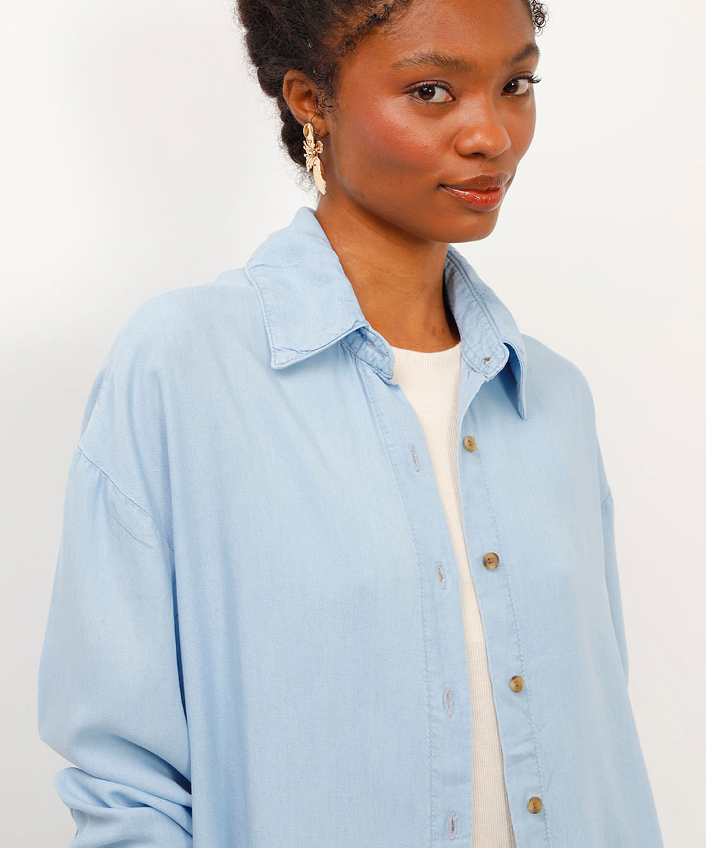 camisa jeans manga longa alongada azul