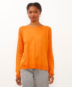 blusa de tricot reta manga longa laranja