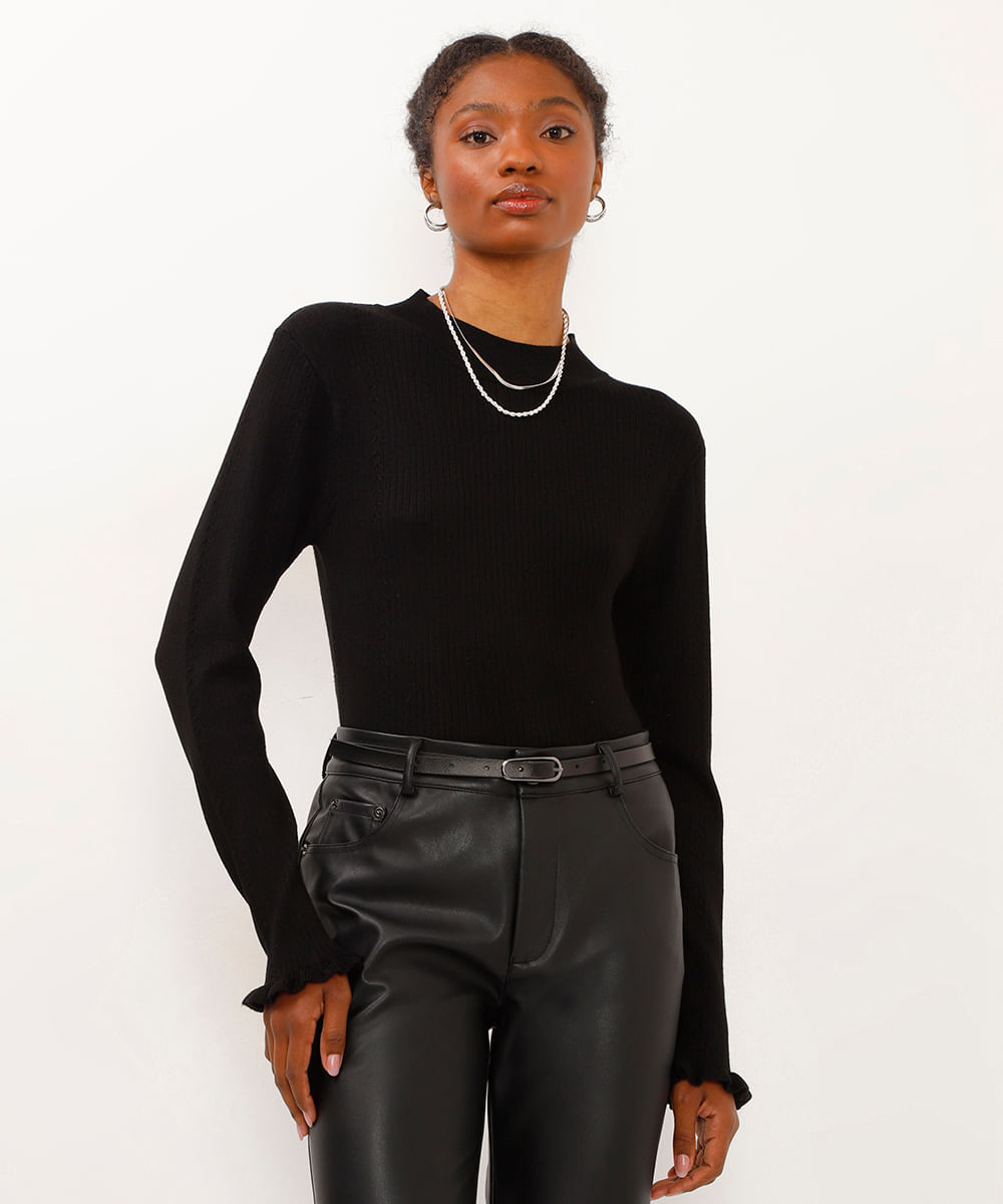 blusa de tricot canelado gola alta preta