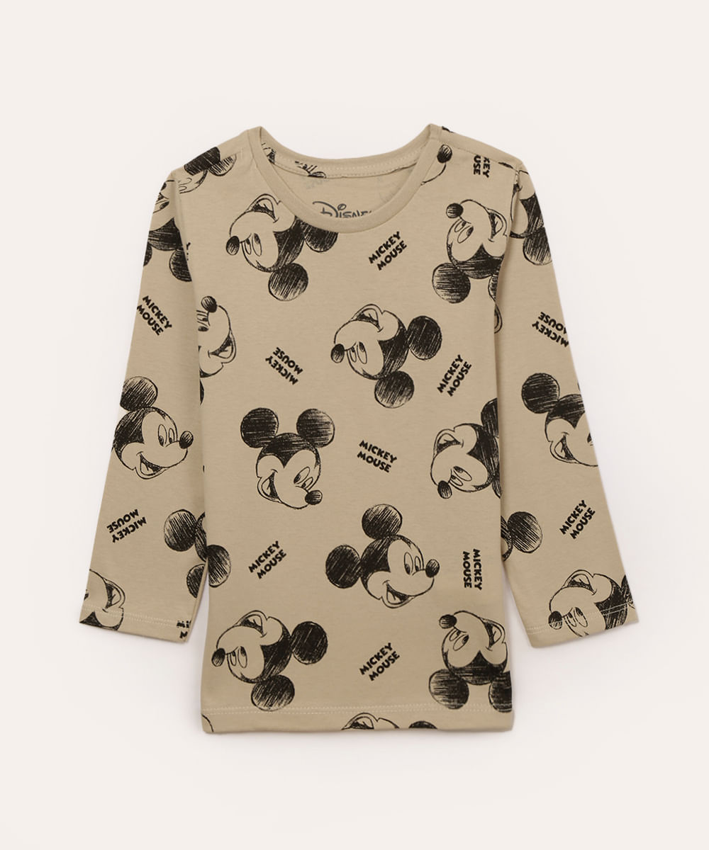 camiseta de algodão infantil mickey manga longa bege