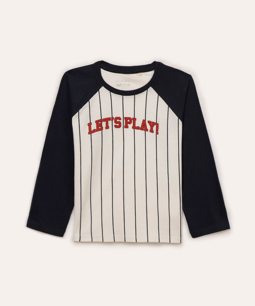 camiseta de algodão infantil listrada raglan branca