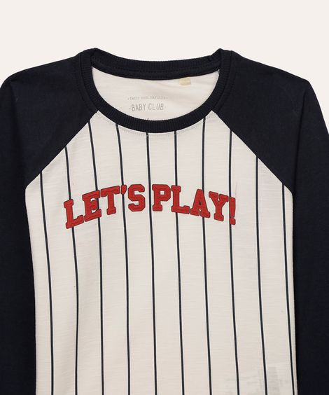 camiseta de algodão infantil listrada raglan branca