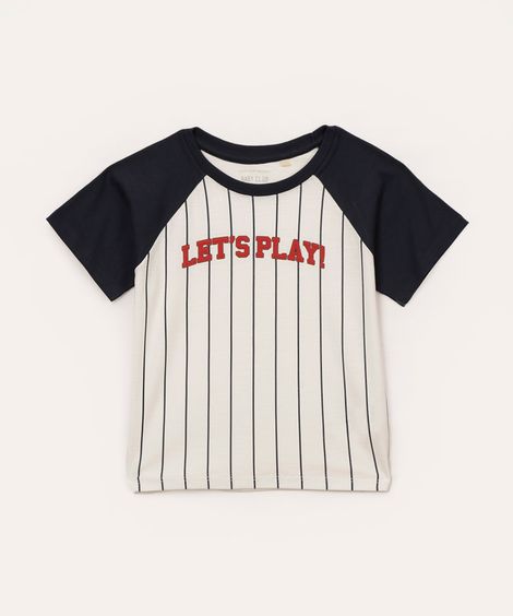 camiseta de algodão infantil listrada raglan branca