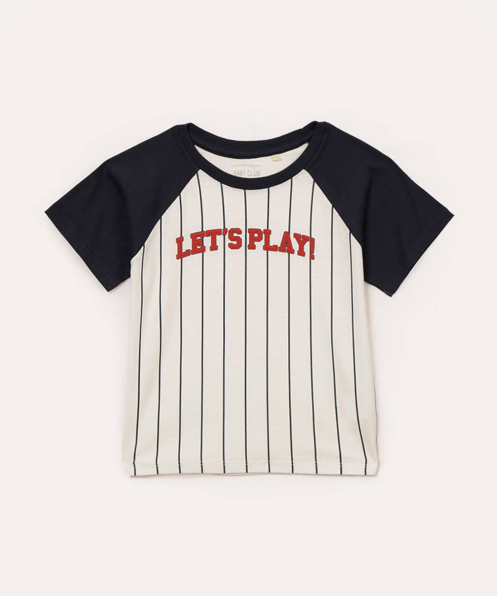 camiseta de algodão infantil listrada raglan branca
