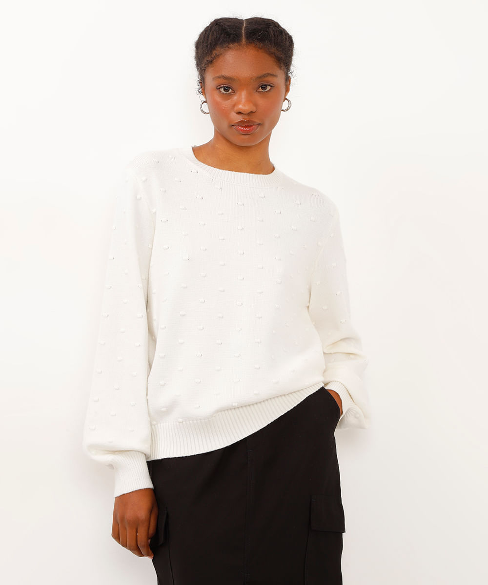 blusa de tricot manga bufante texturizada em poá off white