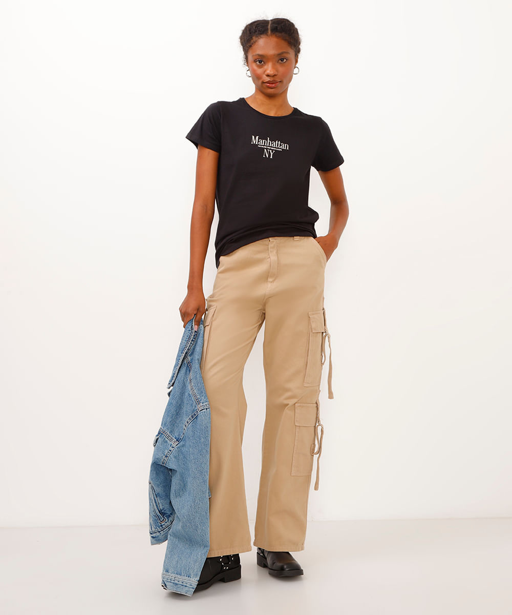 camiseta de algodão manga curta manhattan preta
