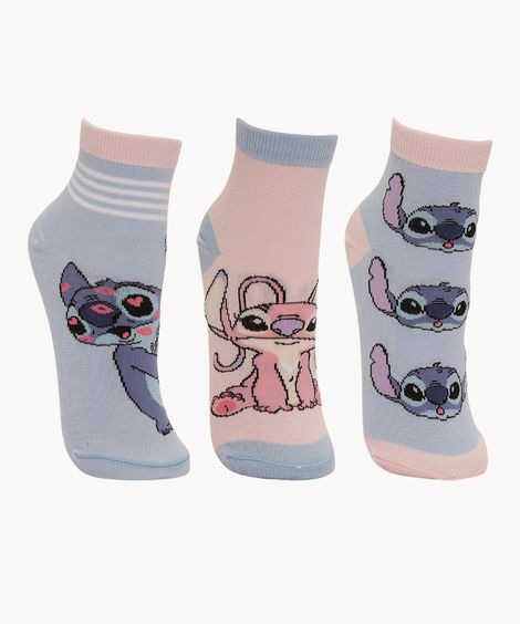 kit 3 pares de meias cano baixo stitch colorido