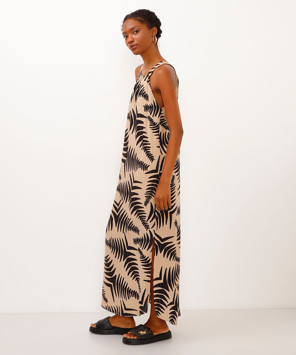 vestido de viscose longo halterneck com lurex bege