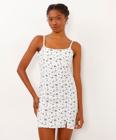 vestido de algodão curto alça fina floral off white