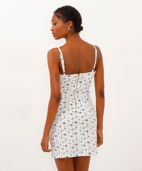 vestido de algodão curto alça fina floral off white