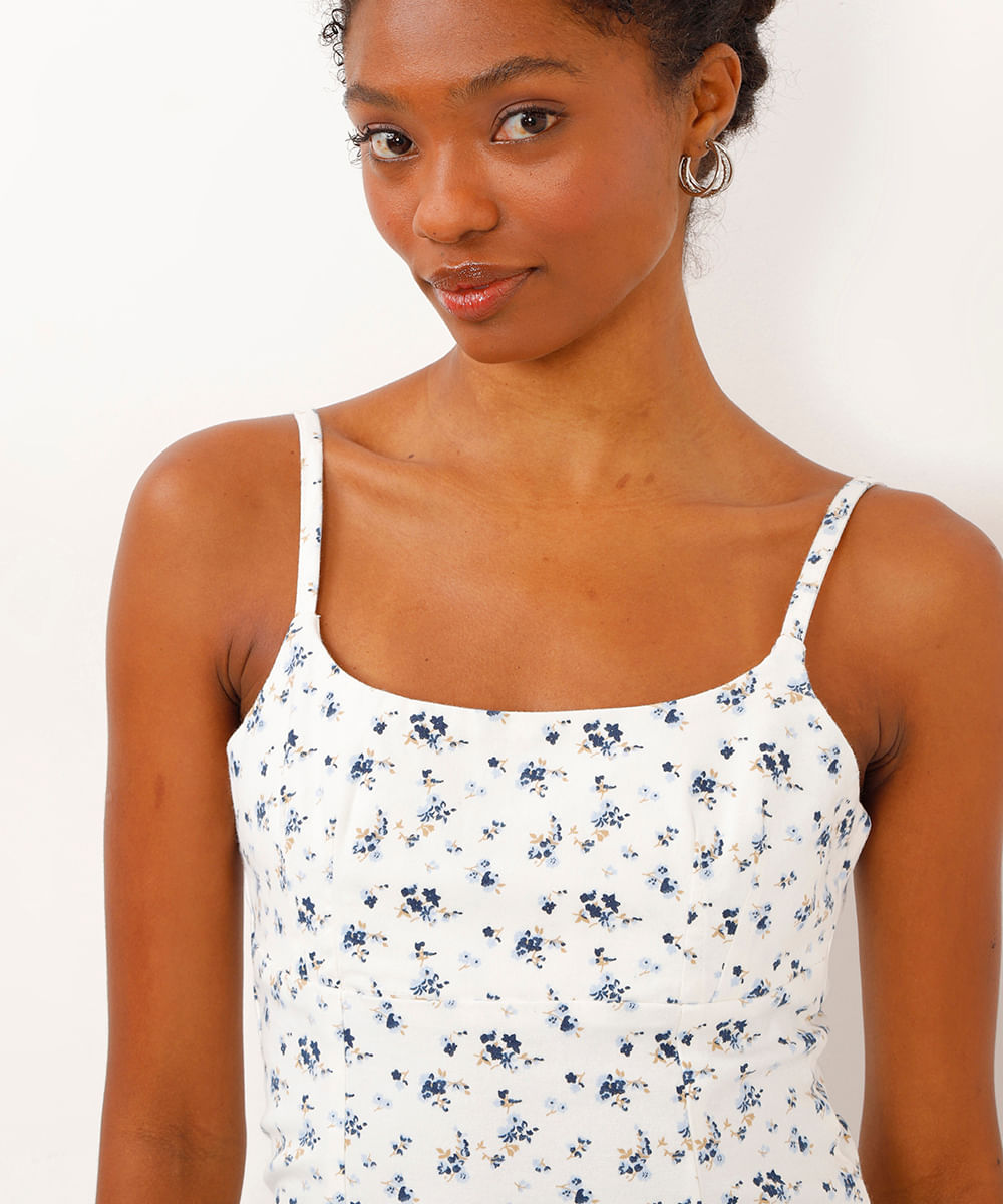vestido de algodão curto alça fina floral off white
