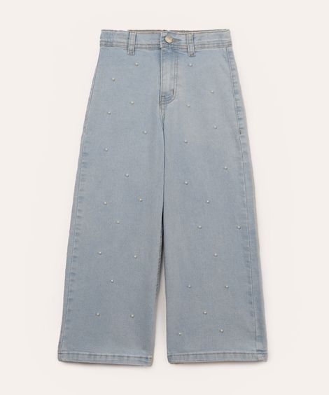 calça jeans wide leg infantil pérolas azul claro