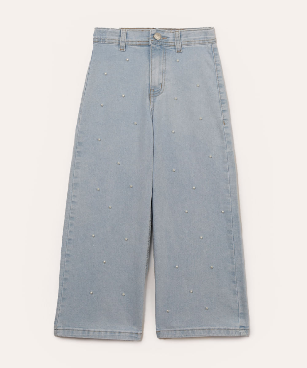 calça jeans wide leg infantil pérolas azul claro