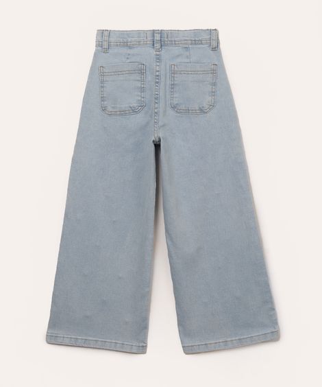 calça jeans wide leg infantil pérolas azul claro
