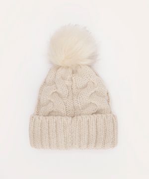 gorro de tricot juvenil com pompom bege