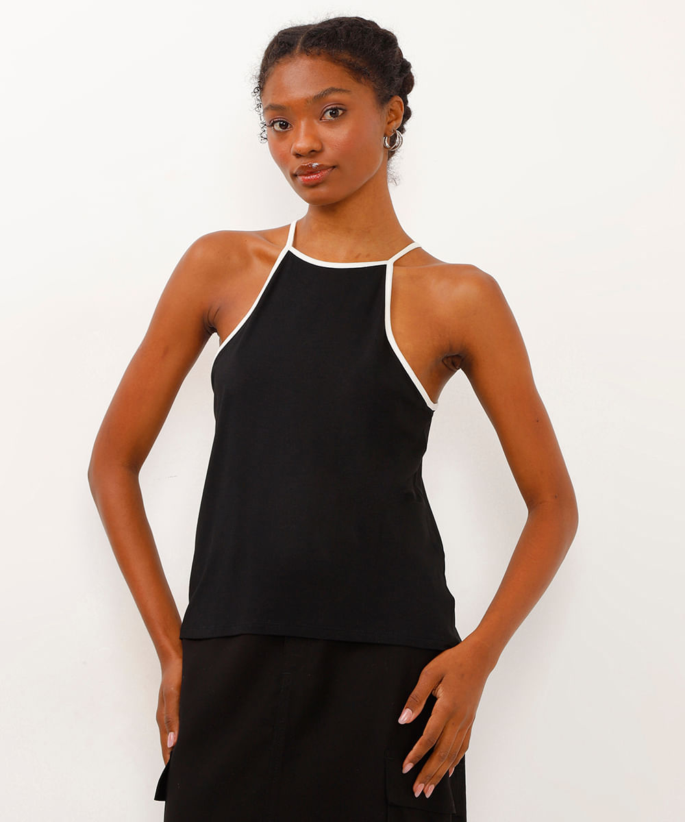 regata de viscose halterneck bicolor preto