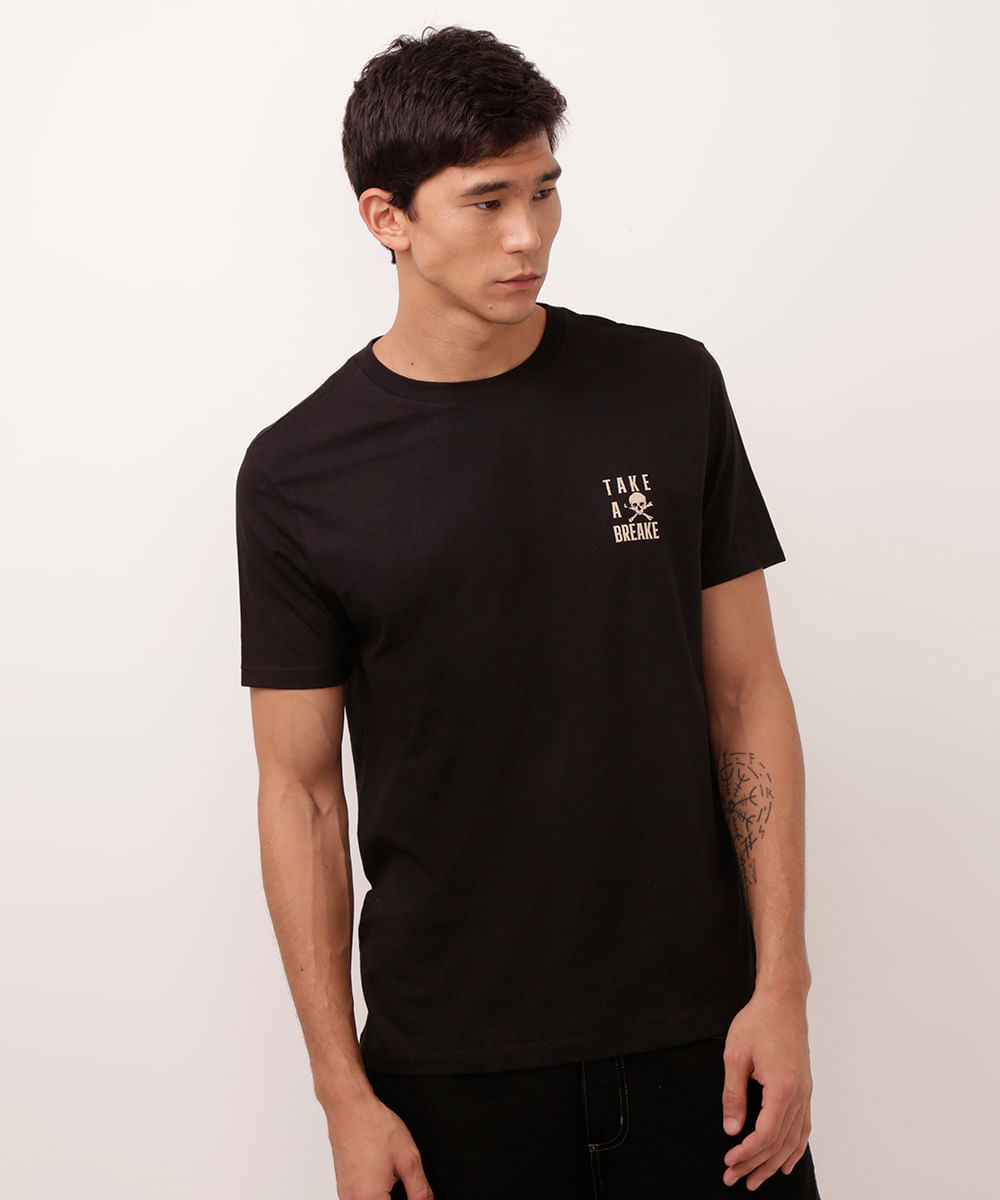 camiseta de algodão esqueleto preta